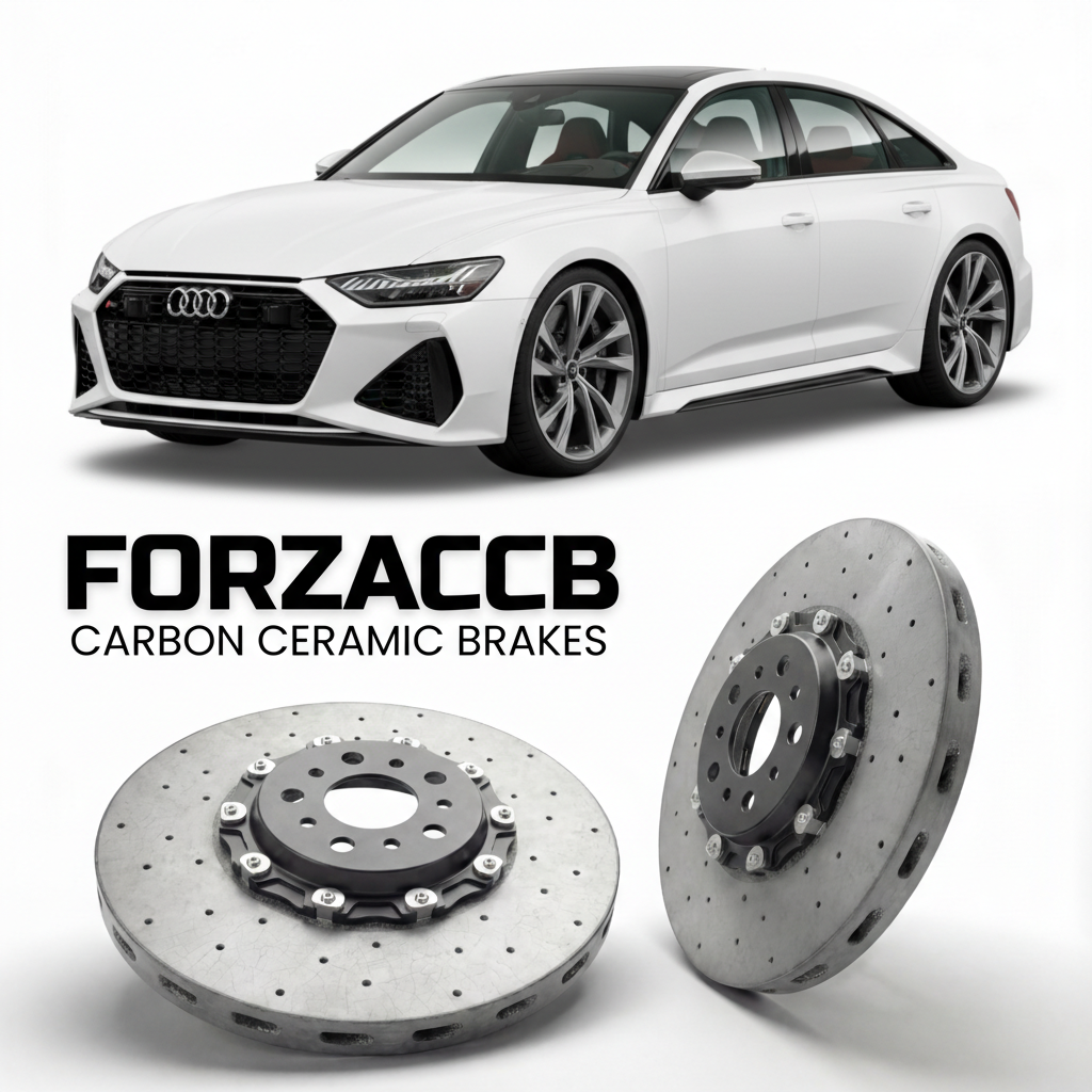 ForzaCCB direct OEM replacement carbon ceramic brake rotors for 2019 and newer Audi RS6 C8 models, shown with a white Audi RS6 car.