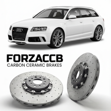 ForzaCCB direct OEM replacement carbon ceramic brake rotors for 2008 to 2010 Audi RS6 Avant C6 models, shown with a white Audi RS6 Avant car.