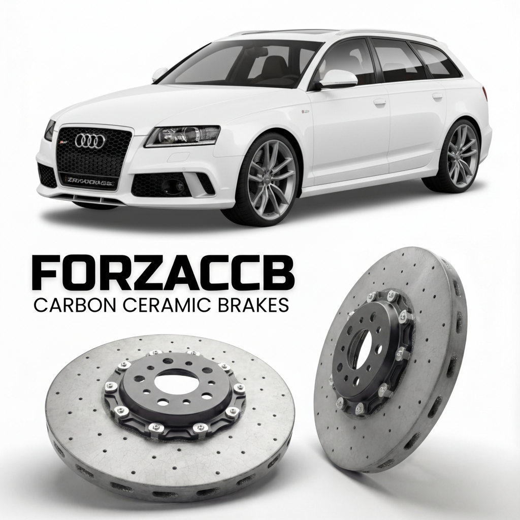 ForzaCCB direct OEM replacement carbon ceramic brake rotors for 2008 to 2010 Audi RS6 Avant C6 models, shown with a white Audi RS6 Avant car.