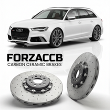 ForzaCCB direct OEM replacement carbon ceramic brake rotors for 2013 to 2018 Audi RS6 Avant C7 models, shown with a white Audi RS6 Avant car.