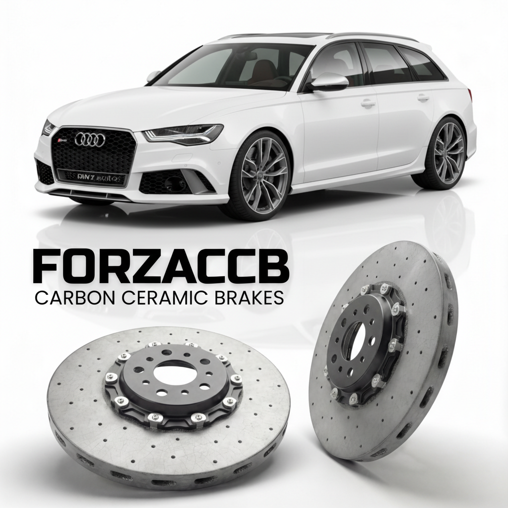 ForzaCCB direct OEM replacement carbon ceramic brake rotors for 2013 to 2018 Audi RS6 Avant C7 models, shown with a white Audi RS6 Avant car.