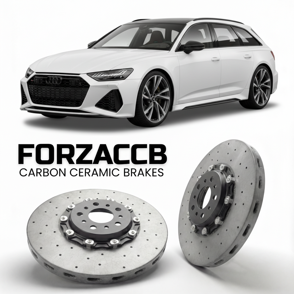 ForzaCCB direct OEM replacement carbon ceramic brake rotors for 2020 and newer Audi RS6 Avant C8 models, shown with a white Audi RS6 Avant car.