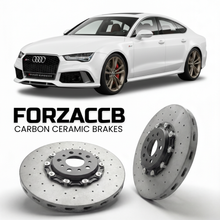 ForzaCCB direct OEM replacement carbon ceramic brake rotors for 2013 to 2018 Audi RS7 4G8 models, shown with a white Audi RS7 car.