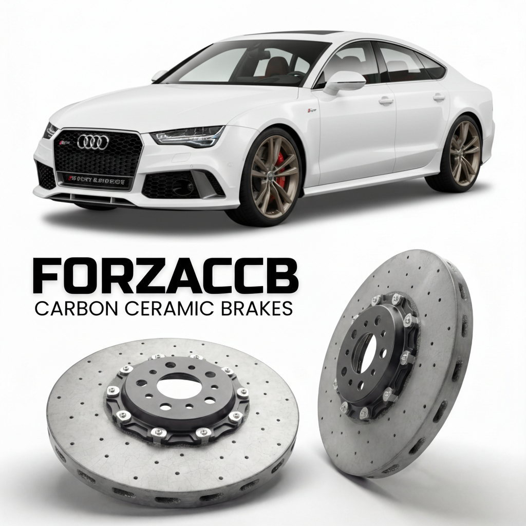 ForzaCCB direct OEM replacement carbon ceramic brake rotors for 2013 to 2018 Audi RS7 4G8 models, shown with a white Audi RS7 car.