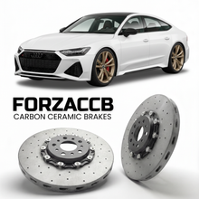 ForzaCCB direct OEM replacement carbon ceramic brake rotors for 2019 and newer Audi RS7 4K8 models, shown with a white Audi RS7 car.