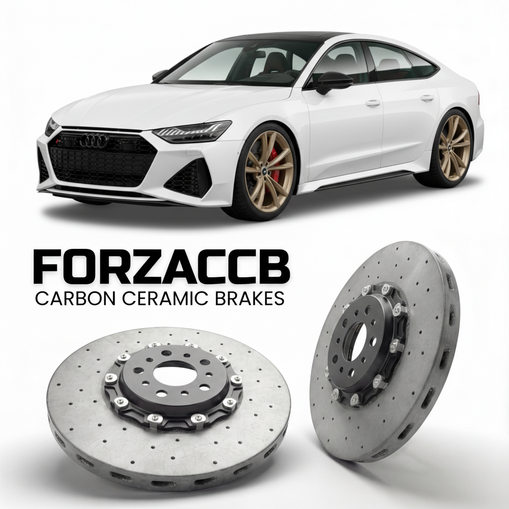 ForzaCCB direct OEM replacement carbon ceramic brake rotors for 2019 and newer Audi RS7 4K8 models, shown with a white Audi RS7 car.