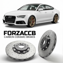 ForzaCCB direct OEM replacement carbon ceramic brake rotors for 2013 to 2018 Audi RS7 Sportback C7 models, shown with a white Audi RS7 Sportback car.