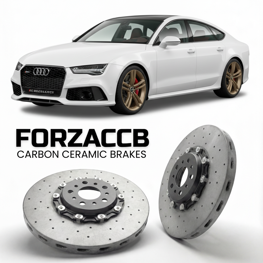 ForzaCCB direct OEM replacement carbon ceramic brake rotors for 2013 to 2018 Audi RS7 Sportback C7 models, shown with a white Audi RS7 Sportback car.
