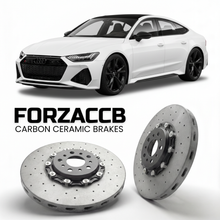 ForzaCCB direct OEM replacement carbon ceramic brake rotors for 2020 and newer Audi RS7 Sportback C8 models, shown with a white Audi RS7 Sportback car.
