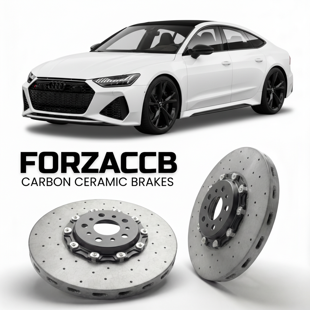 ForzaCCB direct OEM replacement carbon ceramic brake rotors for 2020 and newer Audi RS7 Sportback C8 models, shown with a white Audi RS7 Sportback car.