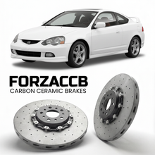 ForzaCCB direct OEM replacement carbon ceramic brake rotors for 2005 to 2006 Acura RSX Type-S DC5 models, shown with a white Acura RSX Type-S car.