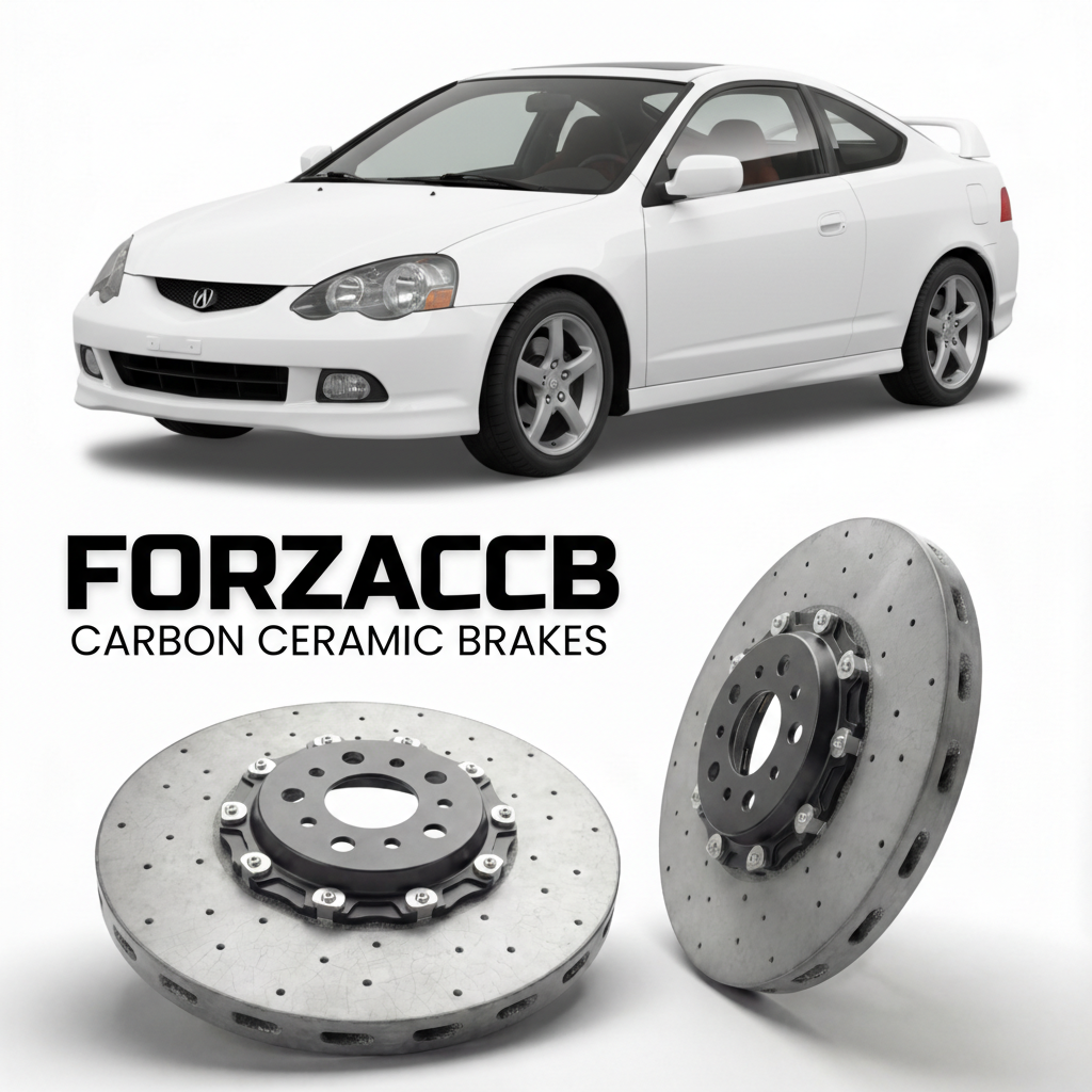 ForzaCCB direct OEM replacement carbon ceramic brake rotors for 2005 to 2006 Acura RSX Type-S DC5 models, shown with a white Acura RSX Type-S car.