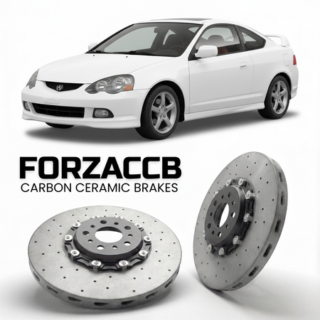 ForzaCCB direct OEM replacement carbon ceramic brake rotors for 2005 to 2006 Acura RSX Type-S DC5 models, shown with a white Acura RSX Type-S car.