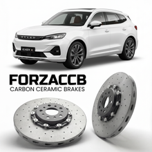 ForzaCCB direct OEM replacement carbon ceramic brake rotors for 2023 and newer Exeed RX models, shown with a white Exeed RX car.