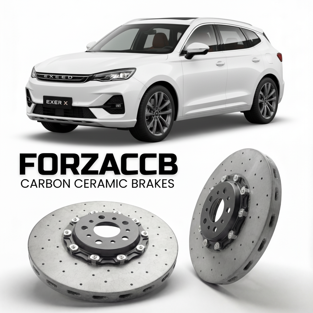 ForzaCCB direct OEM replacement carbon ceramic brake rotors for 2023 and newer Exeed RX models, shown with a white Exeed RX car.