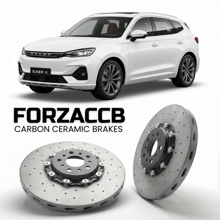 ForzaCCB direct OEM replacement carbon ceramic brake rotors for 2023 and newer Exeed RX models, shown with a white Exeed RX car.