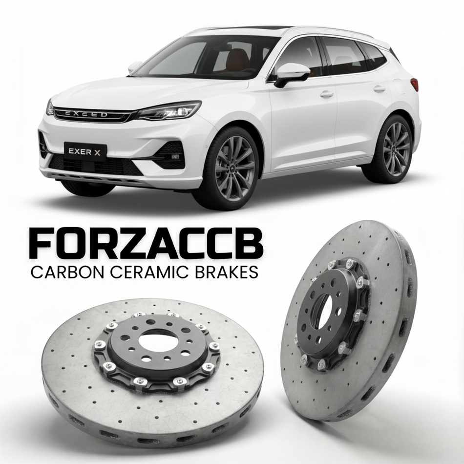 ForzaCCB direct OEM replacement carbon ceramic brake rotors for 2023 and newer Exeed RX models, shown with a white Exeed RX car.