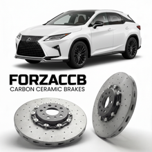 ForzaCCB direct OEM replacement carbon ceramic brake rotors for 2022 and newer Lexus RX 350 F SPORT Handling AL20 models, shown with a white Lexus RX 350 F SPORT Handling car.