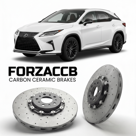ForzaCCB direct OEM replacement carbon ceramic brake rotors for 2022 and newer Lexus RX 350 F SPORT Handling AL20 models, shown with a white Lexus RX 350 F SPORT Handling car.