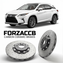 ForzaCCB direct OEM replacement carbon ceramic brake rotors for 2022 and newer Lexus RX 450h+ AL20 models, shown with a white Lexus RX 450h+ car.