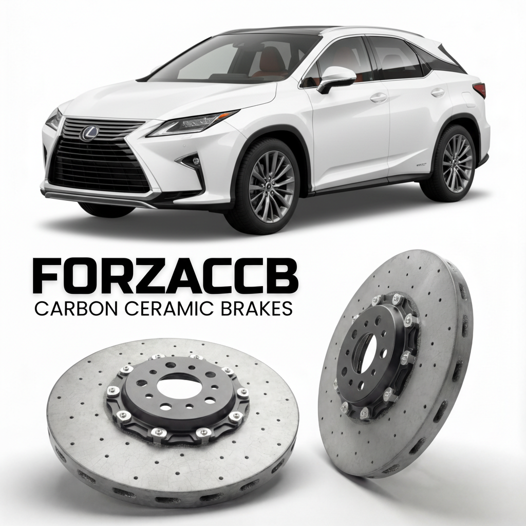 ForzaCCB direct OEM replacement carbon ceramic brake rotors for 2022 and newer Lexus RX 450h+ AL20 models, shown with a white Lexus RX 450h+ car.