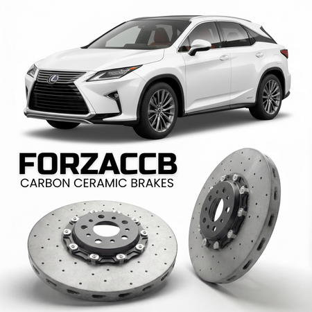 ForzaCCB direct OEM replacement carbon ceramic brake rotors for 2022 and newer Lexus RX 450h+ AL20 models, shown with a white Lexus RX 450h+ car.