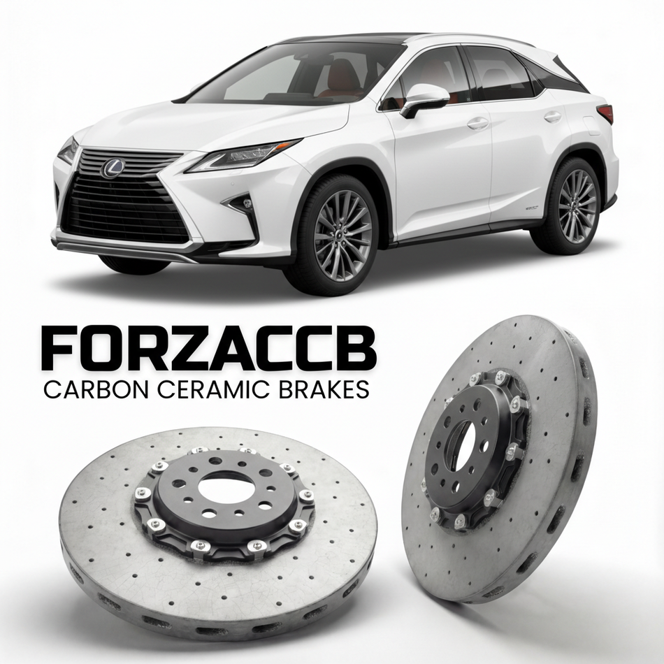 ForzaCCB direct OEM replacement carbon ceramic brake rotors for 2022 and newer Lexus RX 450h+ AL20 models, shown with a white Lexus RX 450h+ car.