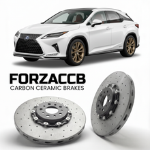 ForzaCCB direct OEM replacement carbon ceramic brake rotors for 2022 and newer Lexus RX 500h AL20 models, shown with a white Lexus RX 500h car.
