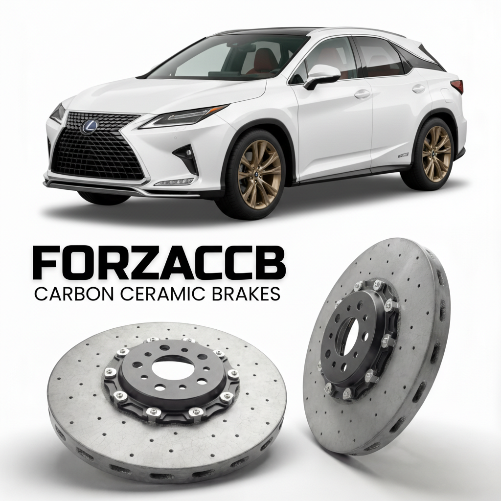 ForzaCCB direct OEM replacement carbon ceramic brake rotors for 2022 and newer Lexus RX 500h AL20 models, shown with a white Lexus RX 500h car.