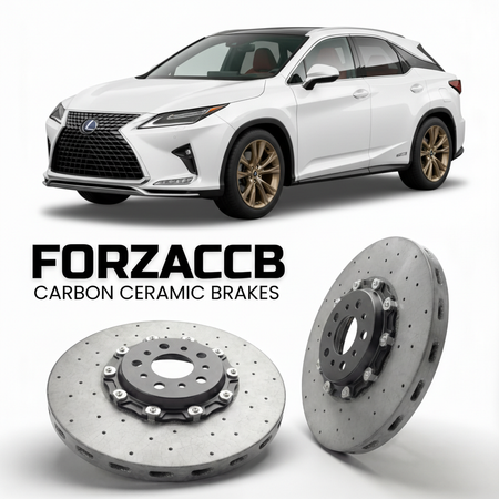 ForzaCCB direct OEM replacement carbon ceramic brake rotors for 2022 and newer Lexus RX 500h AL20 models, shown with a white Lexus RX 500h car.