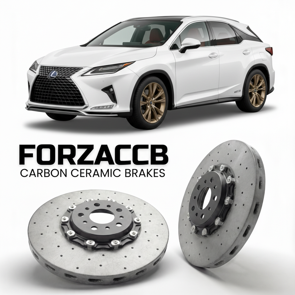 ForzaCCB direct OEM replacement carbon ceramic brake rotors for 2022 and newer Lexus RX 500h AL20 models, shown with a white Lexus RX 500h car.