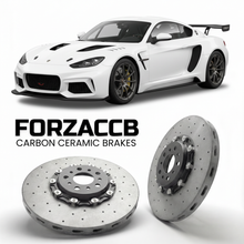 ForzaCCB direct OEM replacement carbon ceramic brake rotors for 2013 to 2026 Radical Sportscars RXC models, shown with a white Radical Sportscars RXC car.