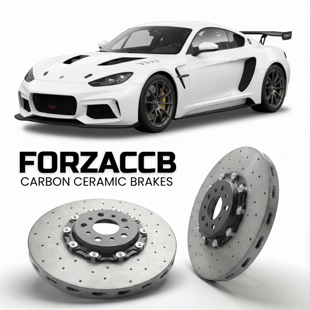ForzaCCB direct OEM replacement carbon ceramic brake rotors for 2013 to 2026 Radical Sportscars RXC models, shown with a white Radical Sportscars RXC car.