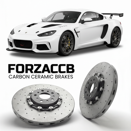 ForzaCCB direct OEM replacement carbon ceramic brake rotors for 2013 to 2026 Radical Sportscars RXC models, shown with a white Radical Sportscars RXC car.