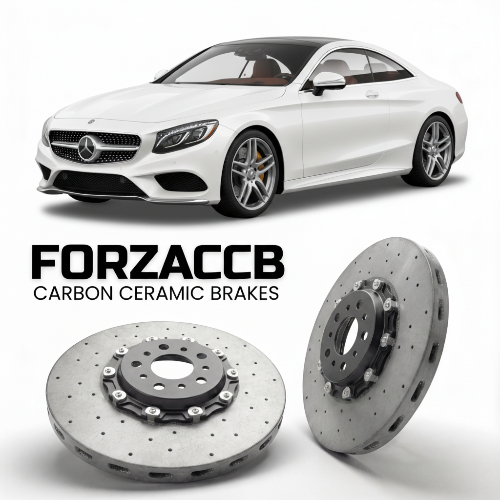 ForzaCCB direct OEM replacement carbon ceramic brake rotors for 2014 to 2020 Mercedes-Benz S 550 / 560 Coupé C217 models, shown with a white Mercedes-Benz S 550 / 560 Coupé car.