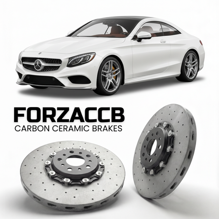 ForzaCCB direct OEM replacement carbon ceramic brake rotors for 2014 to 2020 Mercedes-Benz S 550 / 560 Coupé C217 models, shown with a white Mercedes-Benz S 550 / 560 Coupé car.