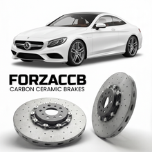 ForzaCCB direct OEM replacement carbon ceramic brake rotors for 2014 to 2020 Mercedes-Benz S 63 / 65 AMG Coupé C217 models, shown with a white Mercedes-Benz S 63 / 65 AMG Coupé car.