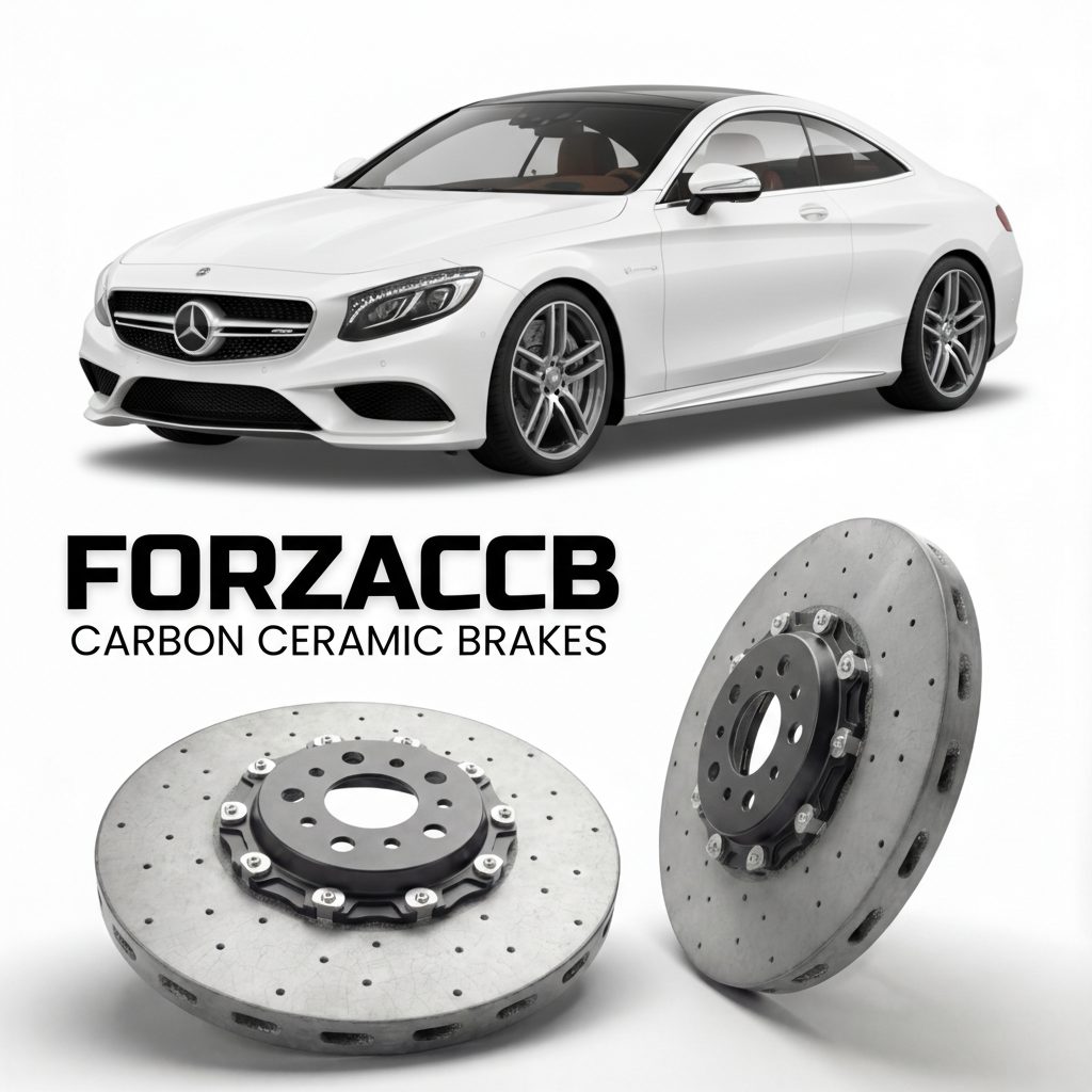 ForzaCCB direct OEM replacement carbon ceramic brake rotors for 2014 to 2020 Mercedes-Benz S 63 / 65 AMG Coupé C217 models, shown with a white Mercedes-Benz S 63 / 65 AMG Coupé car.