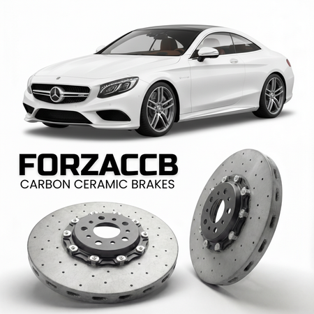ForzaCCB direct OEM replacement carbon ceramic brake rotors for 2014 to 2020 Mercedes-Benz S 63 / 65 AMG Coupé C217 models, shown with a white Mercedes-Benz S 63 / 65 AMG Coupé car.