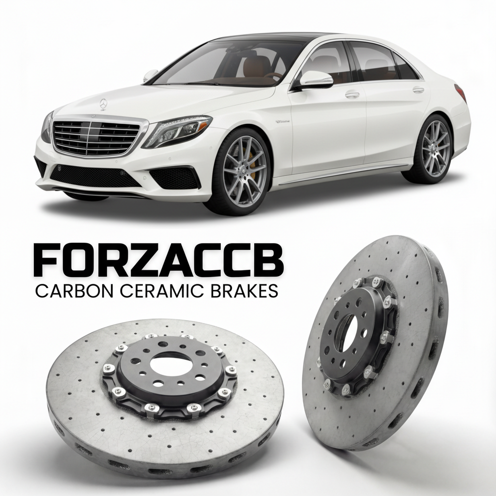 ForzaCCB direct OEM replacement carbon ceramic brake rotors for 2013 to 2020 Mercedes-Benz S 63 AMG W222 models, shown with a white Mercedes-Benz S 63 AMG car.