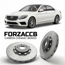 ForzaCCB direct OEM replacement carbon ceramic brake rotors for 2013 to 2020 Mercedes-Benz S 63 AMG W222 models, shown with a white Mercedes-Benz S 63 AMG car.