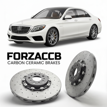 ForzaCCB direct OEM replacement carbon ceramic brake rotors for 2013 to 2020 Mercedes-Benz S 63 AMG W222 models, shown with a white Mercedes-Benz S 63 AMG car.