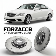 ForzaCCB direct OEM replacement carbon ceramic brake rotors for 2005 to 2013 Mercedes-Benz S-Class W221 models, shown with a white Mercedes-Benz S-Class car.