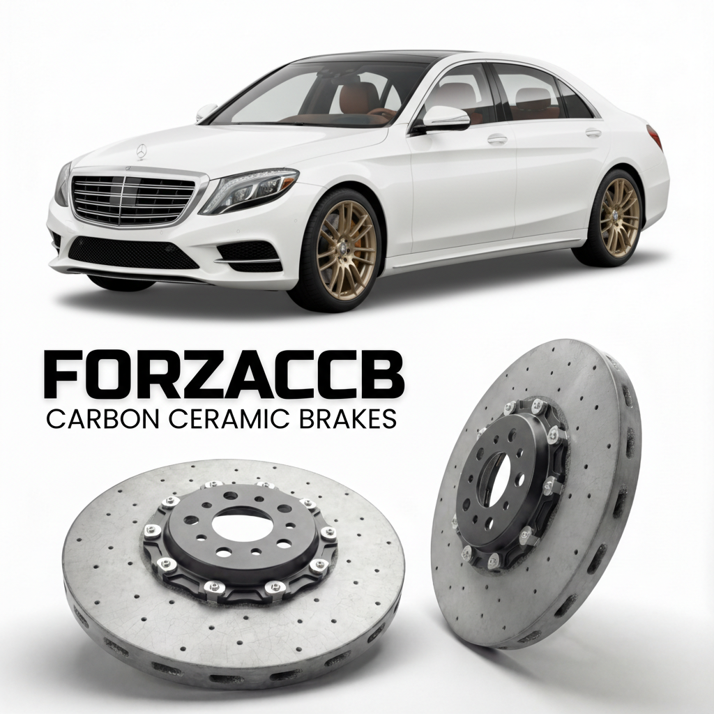 ForzaCCB direct OEM replacement carbon ceramic brake rotors for 2013 to 2020 Mercedes-Benz S-Class W222 models, shown with a white Mercedes-Benz S-Class car.