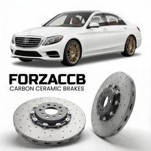 ForzaCCB direct OEM replacement carbon ceramic brake rotors for 2013 to 2020 Mercedes-Benz S-Class W222 models, shown with a white Mercedes-Benz S-Class car.