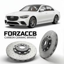 ForzaCCB direct OEM replacement carbon ceramic brake rotors for 2020- Mercedes-Benz S-Class W223 models, shown with a white Mercedes-Benz S-Class car.