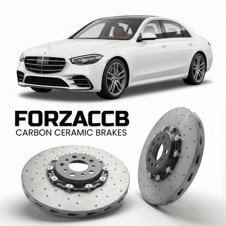 ForzaCCB direct OEM replacement carbon ceramic brake rotors for 2020- Mercedes-Benz S-Class W223 models, shown with a white Mercedes-Benz S-Class car.