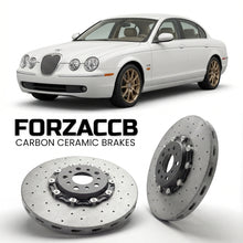 ForzaCCB direct OEM replacement carbon ceramic brake rotors for 2005 to 2007 Jaguar S-type CCX models, shown with a white Jaguar S-type car.