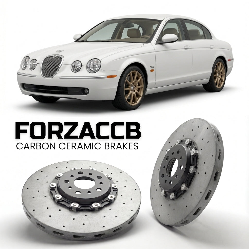ForzaCCB direct OEM replacement carbon ceramic brake rotors for 2005 to 2007 Jaguar S-type CCX models, shown with a white Jaguar S-type car.