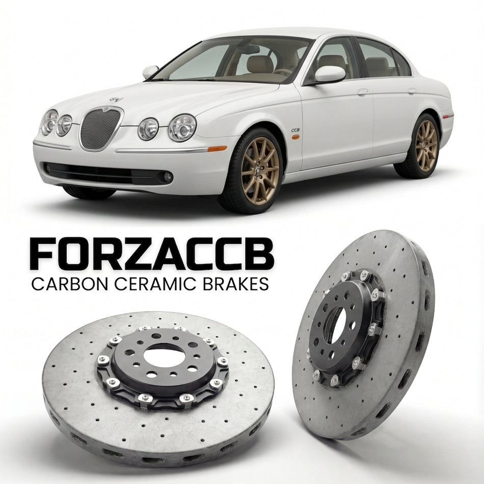 ForzaCCB direct OEM replacement carbon ceramic brake rotors for 2005 to 2007 Jaguar S-type CCX models, shown with a white Jaguar S-type car.